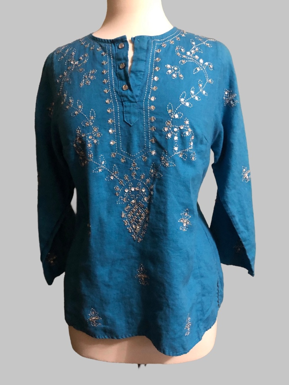 Vintage Y2K Edward 100% Irish Linen Rhinestone Embellished Blouse Blouse S